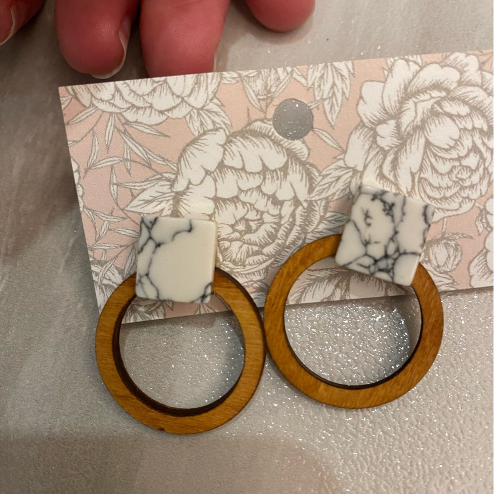 Handmade wooden hoop earrings with marble look detail for pierced ears, OS